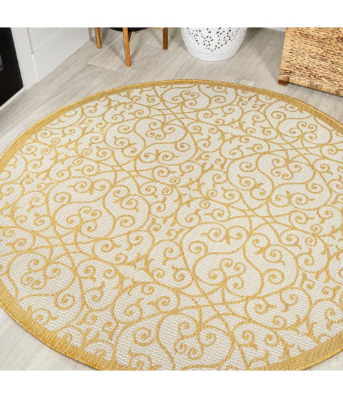 SANTA MONICA Area Rug Madrid Vintage Filigree Textured Weave Cream/Yellow 5' Round Indoor/Outdoor Area Rug