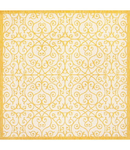 SANTA MONICA Area Rug Madrid Vintage Filigree Textured Weave Cream/Yellow 5' Square Indoor/Outdoor Area Rug