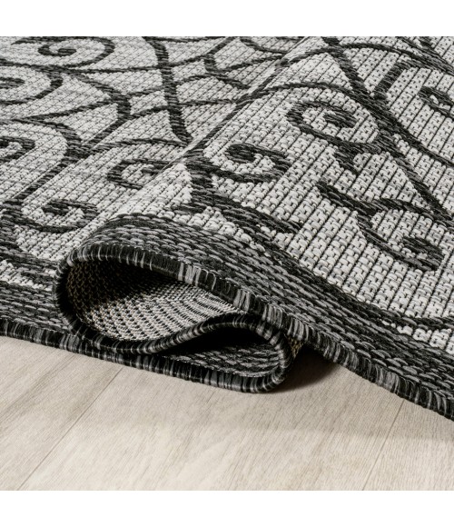 SANTA MONICA Area Rug Madrid Vintage Filigree Textured Weave Light Gray/Black 5' Square Indoor/Outdoor Area Rug