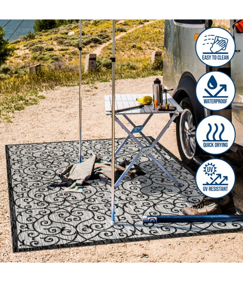 SANTA MONICA Area Rug Madrid Vintage Filigree Textured Weave Light Gray/Black 5' Square Indoor/Outdoor Area Rug