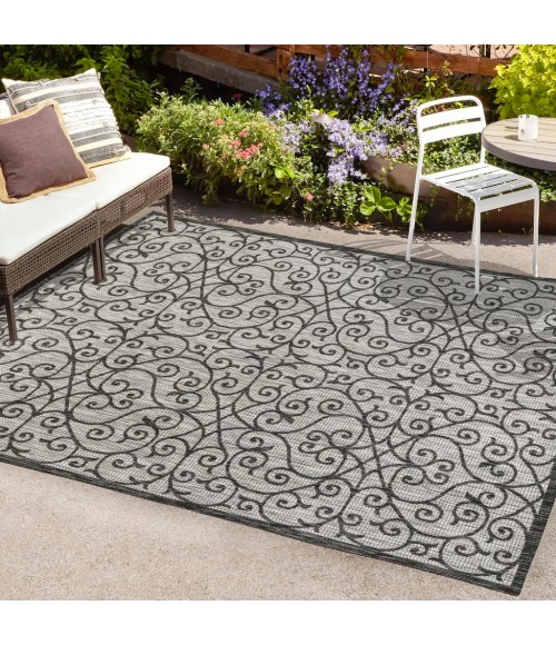 SANTA MONICA Area Rug Madrid Vintage Filigree Textured Weave Light Gray/Black 3 ft. x 5 ft. Indoor/Outdoor Area Rug