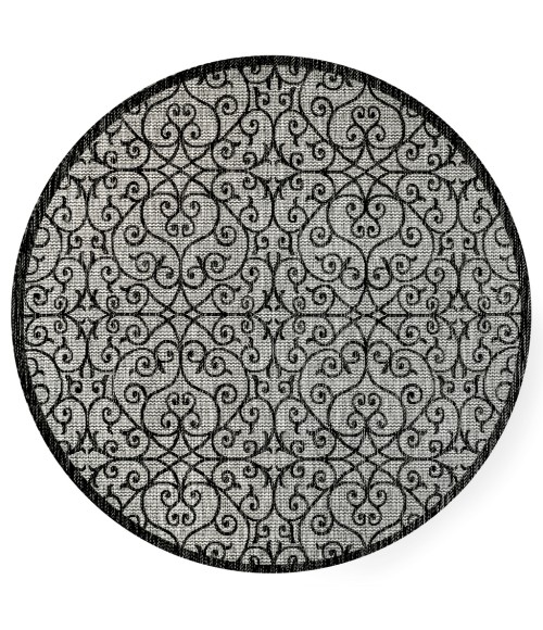 SANTA MONICA Area Rug Madrid Vintage Filigree Textured Weave Light Gray/Black 5' Round Indoor/Outdoor Area Rug