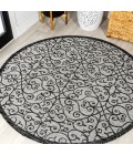 SANTA MONICA Area Rug Madrid Vintage Filigree Textured Weave Light Gray/Black 5' Round Indoor/Outdoor Area Rug