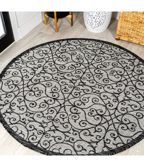 SANTA MONICA Area Rug Madrid Vintage Filigree Textured Weave Light Gray/Black 5' Round Indoor/Outdoor Area Rug