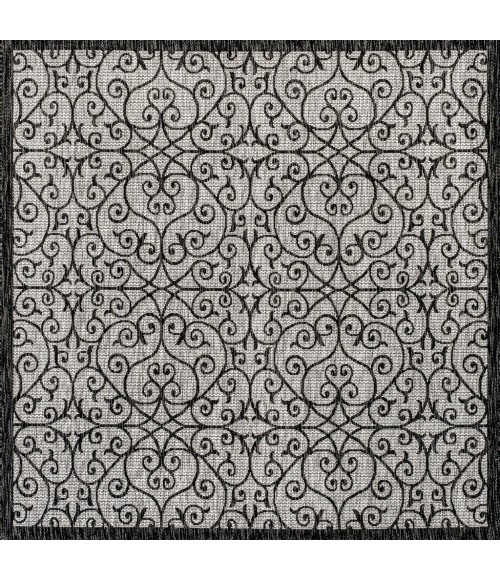 SANTA MONICA Area Rug Madrid Vintage Filigree Textured Weave Light Gray/Black 5' Square Indoor/Outdoor Area Rug