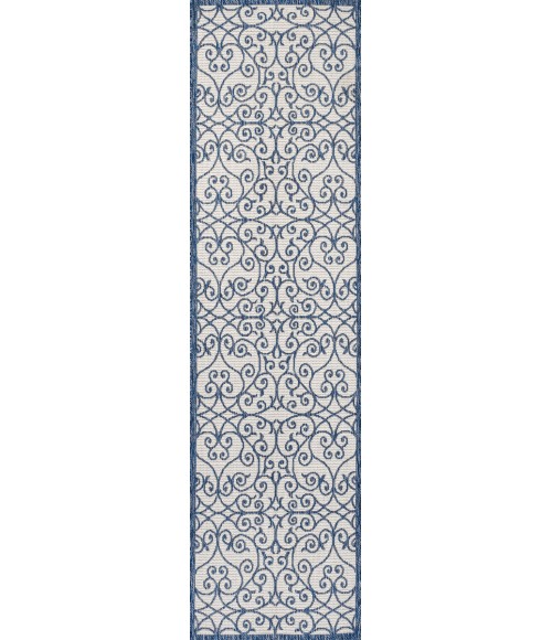 SANTA MONICA Area Rug Madrid Vintage Filigree Textured Weave Blue/Cream 2 ft. x 8 ft. Indoor/Outdoor Runner Rug