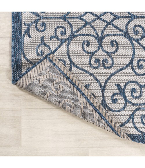 SANTA MONICA Area Rug Madrid Vintage Filigree Textured Weave Blue/Cream 5' Square Indoor/Outdoor Area Rug