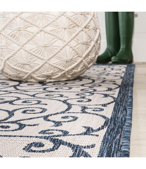 SANTA MONICA Area Rug Madrid Vintage Filigree Textured Weave Blue/Cream 5' Square Indoor/Outdoor Area Rug