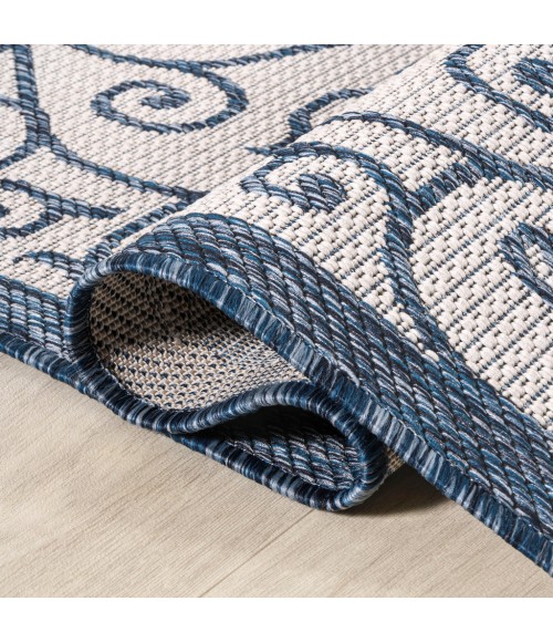 SANTA MONICA Area Rug Madrid Vintage Filigree Textured Weave Blue/Cream 5' Square Indoor/Outdoor Area Rug