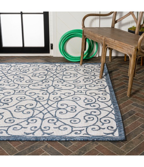 SANTA MONICA Area Rug Madrid Vintage Filigree Textured Weave Blue/Cream 8 ft. x 10 ft. Indoor/Outdoor Area Rug