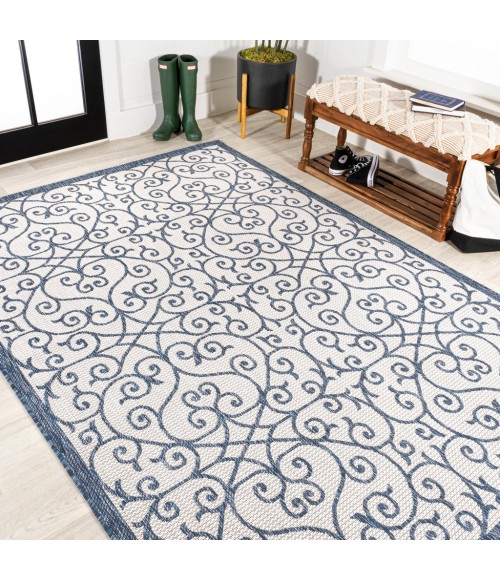 SANTA MONICA Area Rug Madrid Vintage Filigree Textured Weave Blue/Cream 8 ft. x 10 ft. Indoor/Outdoor Area Rug