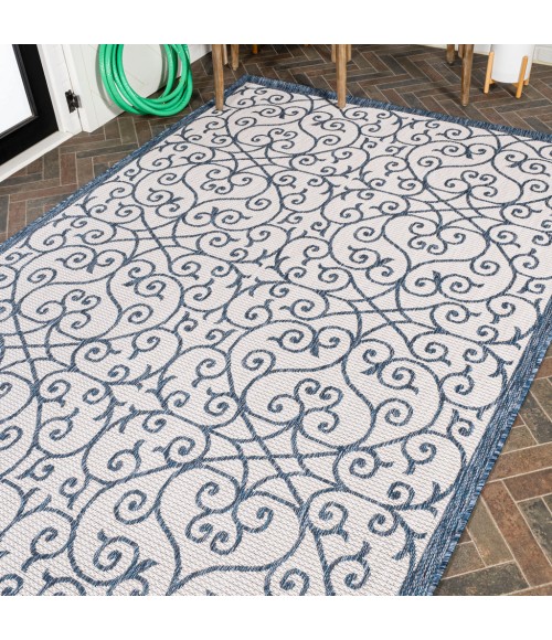 SANTA MONICA Area Rug Madrid Vintage Filigree Textured Weave Blue/Cream 8 ft. x 10 ft. Indoor/Outdoor Area Rug