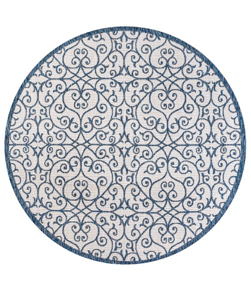 SANTA MONICA Area Rug Madrid Vintage Filigree Textured Weave Blue/Cream 5' Round Indoor/Outdoor Area Rug