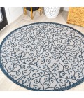 SANTA MONICA Area Rug Madrid Vintage Filigree Textured Weave Blue/Cream 5' Round Indoor/Outdoor Area Rug