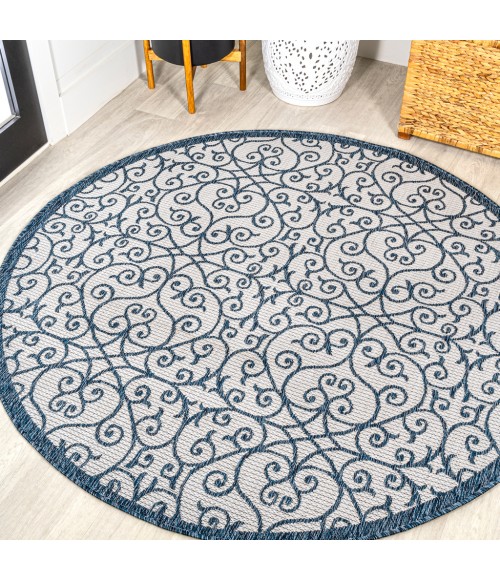 SANTA MONICA Area Rug Madrid Vintage Filigree Textured Weave Blue/Cream 5' Round Indoor/Outdoor Area Rug