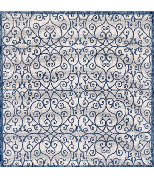 SANTA MONICA Area Rug Madrid Vintage Filigree Textured Weave Blue/Cream 5' Square Indoor/Outdoor Area Rug