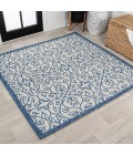 SANTA MONICA Area Rug Madrid Vintage Filigree Textured Weave Blue/Cream 5' Square Indoor/Outdoor Area Rug