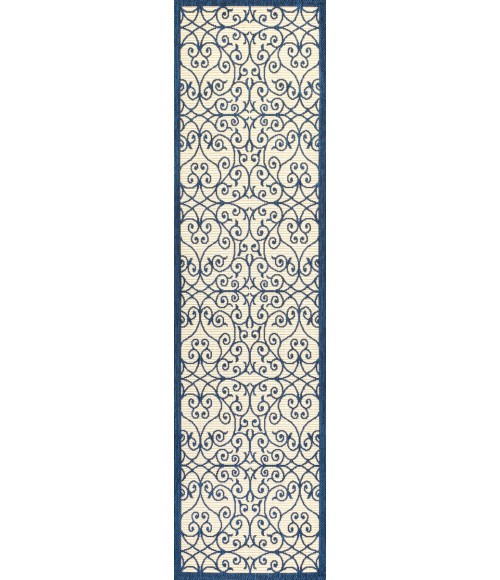 SANTA MONICA Area Rug Madrid Vintage Filigree Textured Weave Navy/Beige 2 ft. x 10 ft. Indoor/Outdoor Runner Rug