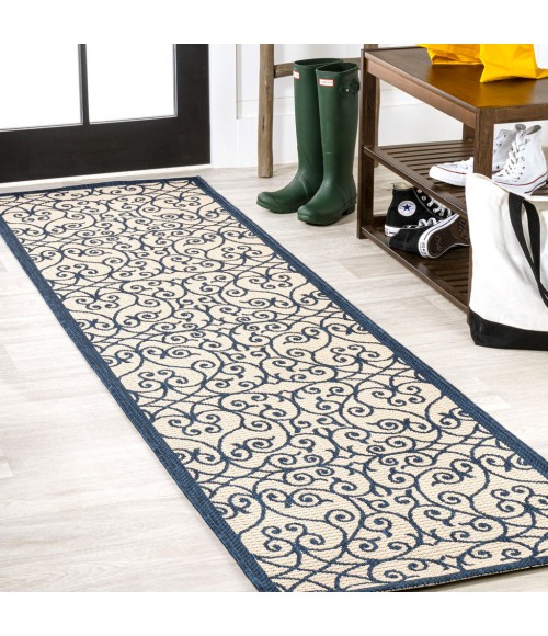 SANTA MONICA Area Rug Madrid Vintage Filigree Textured Weave Navy/Beige 2 ft. x 10 ft. Indoor/Outdoor Runner Rug