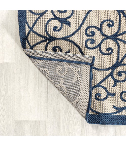 SANTA MONICA Area Rug Madrid Vintage Filigree Textured Weave Navy/Beige 5' Square Indoor/Outdoor Area Rug