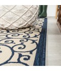 SANTA MONICA Area Rug Madrid Vintage Filigree Textured Weave Navy/Beige 5' Square Indoor/Outdoor Area Rug