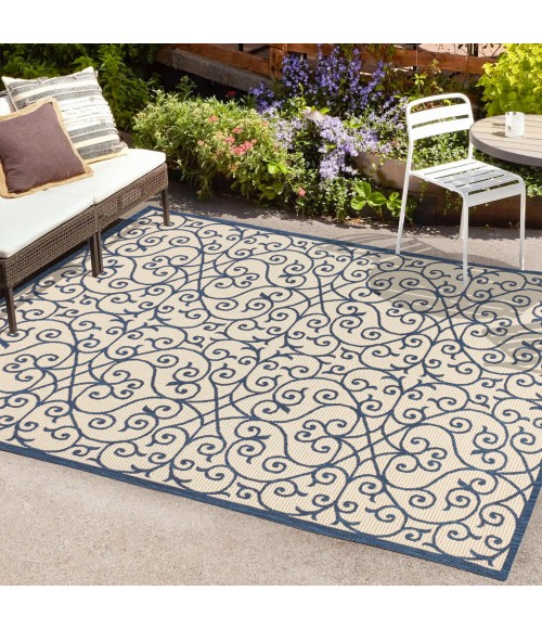 SANTA MONICA Area Rug Madrid Vintage Filigree Textured Weave Navy/Beige 4 ft. x 6 ft. Indoor/Outdoor Area Rug