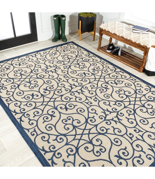 SANTA MONICA Area Rug Madrid Vintage Filigree Textured Weave Navy/Beige 4 ft. x 6 ft. Indoor/Outdoor Area Rug