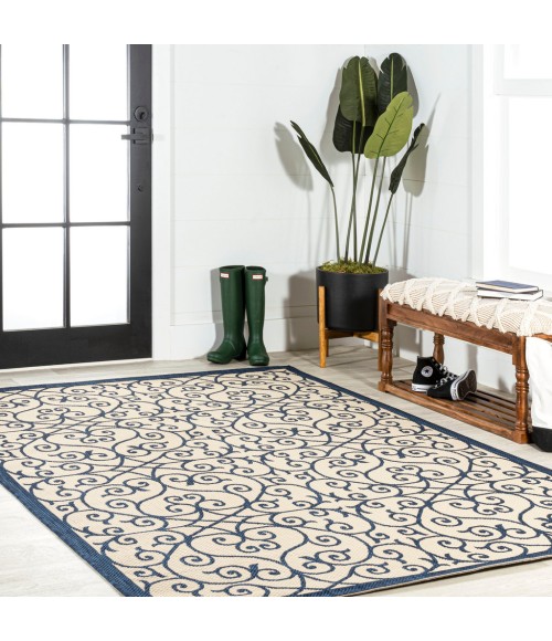 SANTA MONICA Area Rug Madrid Vintage Filigree Textured Weave Navy/Beige 4 ft. x 6 ft. Indoor/Outdoor Area Rug