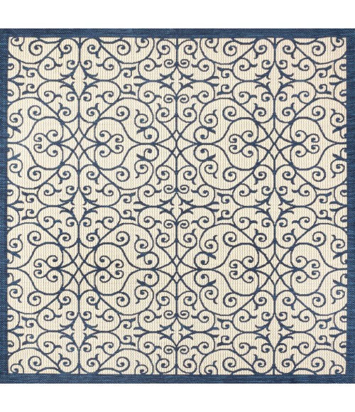 SANTA MONICA Area Rug Madrid Vintage Filigree Textured Weave Navy/Beige 5' Square Indoor/Outdoor Area Rug