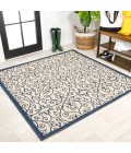 SANTA MONICA Area Rug Madrid Vintage Filigree Textured Weave Navy/Beige 5' Square Indoor/Outdoor Area Rug