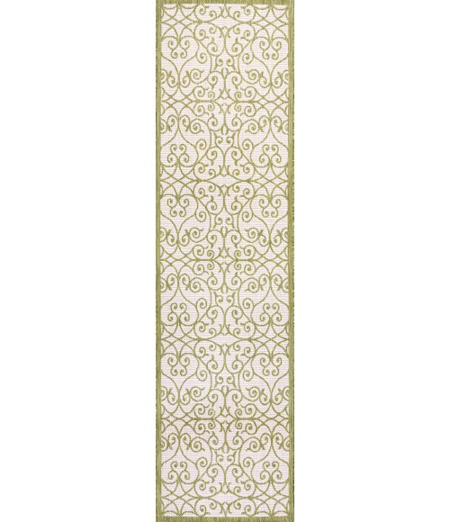 SANTA MONICA Area Rug Madrid Vintage Filigree Textured Weave Green/Cream 2 ft. x 10 ft. Indoor/Outdoor Runner Rug