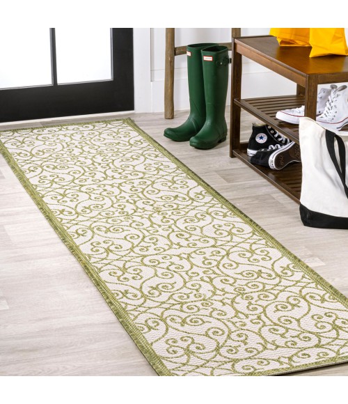 SANTA MONICA Area Rug Madrid Vintage Filigree Textured Weave Green/Cream 2 ft. x 10 ft. Indoor/Outdoor Runner Rug