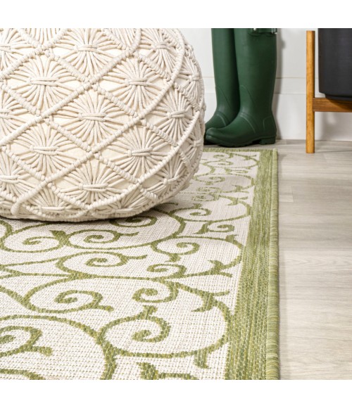 SANTA MONICA Area Rug Madrid Vintage Filigree Textured Weave Green/Cream 2 ft. x 10 ft. Indoor/Outdoor Runner Rug