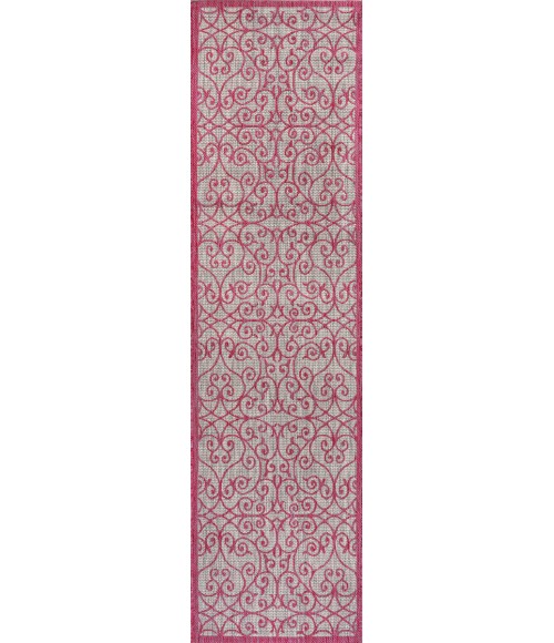 SANTA MONICA Area Rug Madrid Vintage Filigree Textured Weave Light Gray/Fuchsia 2 ft. x 10 ft. Indoor/Outdoor Runner Rug