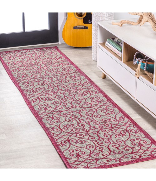 SANTA MONICA Area Rug Madrid Vintage Filigree Textured Weave Light Gray/Fuchsia 2 ft. x 10 ft. Indoor/Outdoor Runner Rug