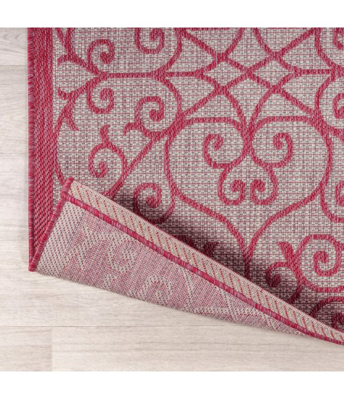 Madrid Vintage Filigree Textured Weave Light Gray/Fuchsia 5' Round Indoor/Outdoor Area Rug
