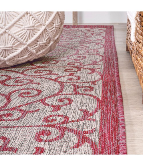 Madrid Vintage Filigree Textured Weave Light Gray/Fuchsia 5' Round Indoor/Outdoor Area Rug