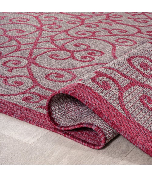 Madrid Vintage Filigree Textured Weave Light Gray/Fuchsia 5' Round Indoor/Outdoor Area Rug