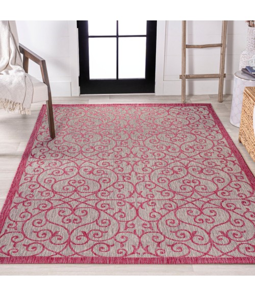Madrid Vintage Filigree Textured Weave Light Gray/Fuchsia 4 ft. x 6 ft. Indoor/Outdoor Area Rug