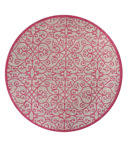 Madrid Vintage Filigree Textured Weave Light Gray/Fuchsia 5' Round Indoor/Outdoor Area Rug