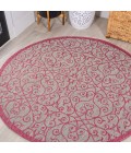 Madrid Vintage Filigree Textured Weave Light Gray/Fuchsia 5' Round Indoor/Outdoor Area Rug
