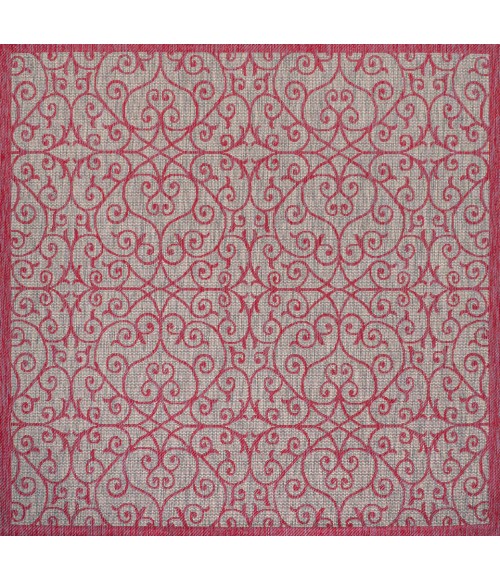 SANTA MONICA Area Rug Madrid Vintage Filigree Textured Weave Light Gray/Fuchsia 5' Square Indoor/Outdoor Area Rug