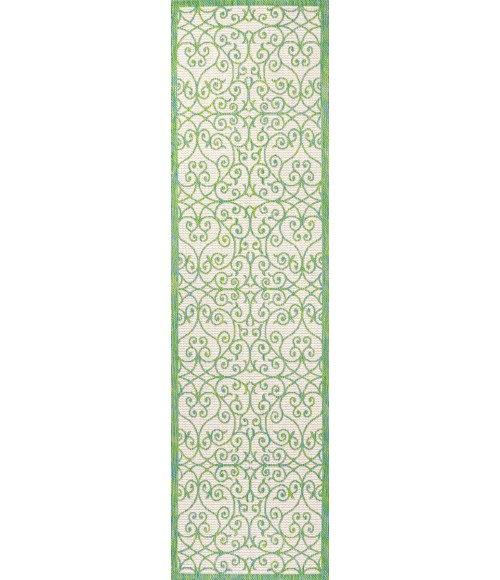 SANTA MONICA Area Rug Madrid Vintage Filigree Textured Weave Cream/Green 2 ft. x 10 ft. Indoor/Outdoor Runner Rug