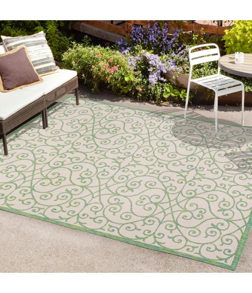 SANTA MONICA Area Rug Madrid Vintage Filigree Textured Weave Cream/Green 5 ft. x 8 ft. Indoor/Outdoor Area Rug