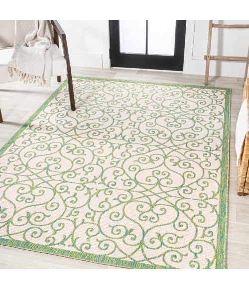SANTA MONICA Area Rug Madrid Vintage Filigree Textured Weave Cream/Green 5 ft. x 8 ft. Indoor/Outdoor Area Rug