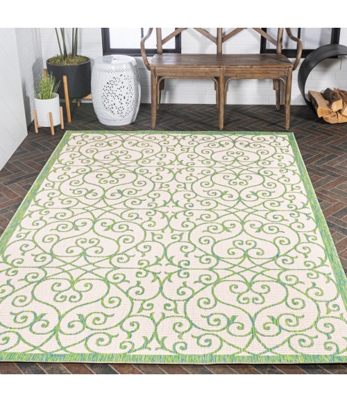 SANTA MONICA Area Rug Madrid Vintage Filigree Textured Weave Cream/Green 5 ft. x 8 ft. Indoor/Outdoor Area Rug