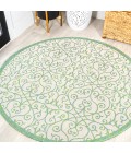 Madrid Vintage Filigree Textured Weave Cream/Green 5' Round Indoor/Outdoor Area Rug
