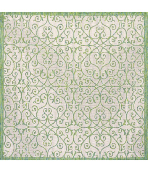 SANTA MONICA Area Rug Madrid Vintage Filigree Textured Weave Cream/Green 5' Square Indoor/Outdoor Area Rug