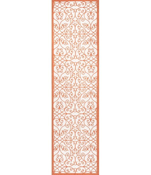 SANTA MONICA Area Rug Madrid Vintage Filigree Textured Weave Cream/Orange 2 ft. x 8 ft. Indoor/Outdoor Runner Rug