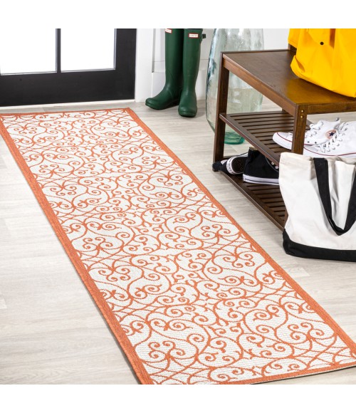 SANTA MONICA Area Rug Madrid Vintage Filigree Textured Weave Cream/Orange 2 ft. x 8 ft. Indoor/Outdoor Runner Rug
